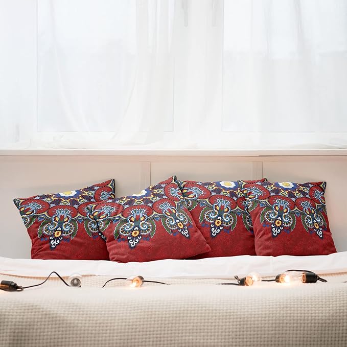 Ambesonne Mandala Throw Pillow Cushion Case Pack of 4, Color Jumble of Lace Like Flowers Leaves Swirls Vintage Illustration Folk Themed, Modern Accent Double-Sided Digital Printing, 20", Red