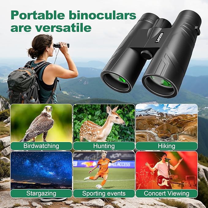 Leacco 10x25 Compact Binoculars for Adults and Kids Large View Waterproof Small Binoculars with Low Light Vision BAK4 Prism FMC Lens for Cruise Ship Bird Watching Travel Hunting, Black