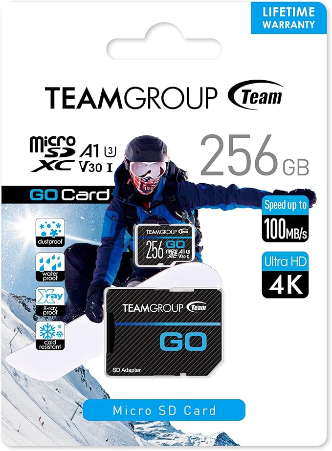 TEAMGROUP GO Card 256GB MicroSDXC UHS-I U3 V30 4K for Action Cameras & Drone High Speed Flash Memory Card with Adapter for Outdoor Sports&Vlog, 4K Shooting,GoPro&Insta360&DJI TGUSDX256GU303