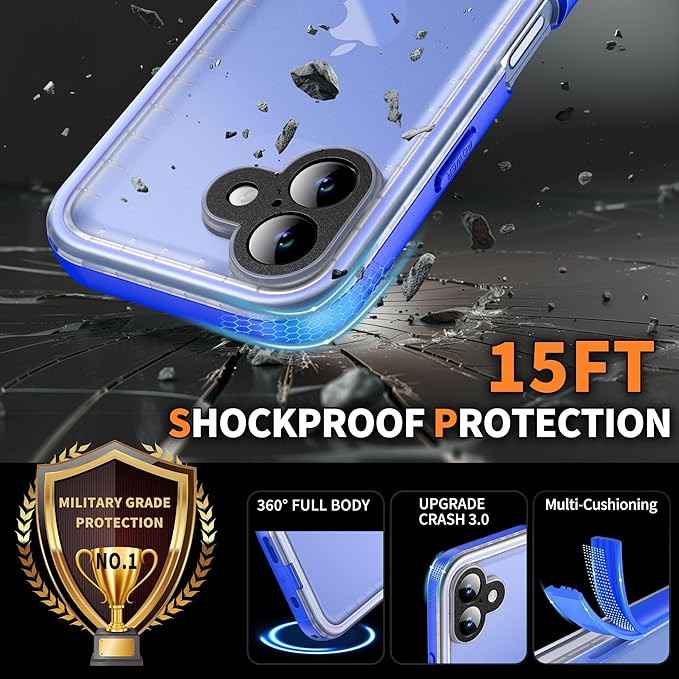 Cozycase for iPhone 16 Case Waterproof - 360 Heavy Duty with Screen/Camera Protector Shockproof IP68 Underwater Dustproof Water Dust Shock Proof Full Body/Front and Back Case Blue/Frosted Clear