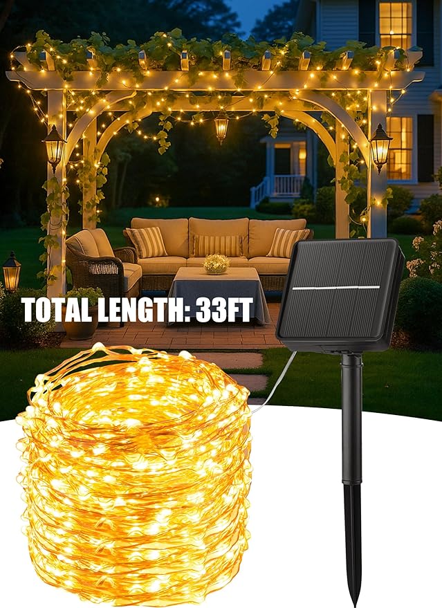 Minetom Solar String Lights, 2 Packs Total 66Ft 200 LED Solar Fairy Lights, Waterproof Solar Lights for Outside Patio Yard Tree Wedding Christmas, Warm White