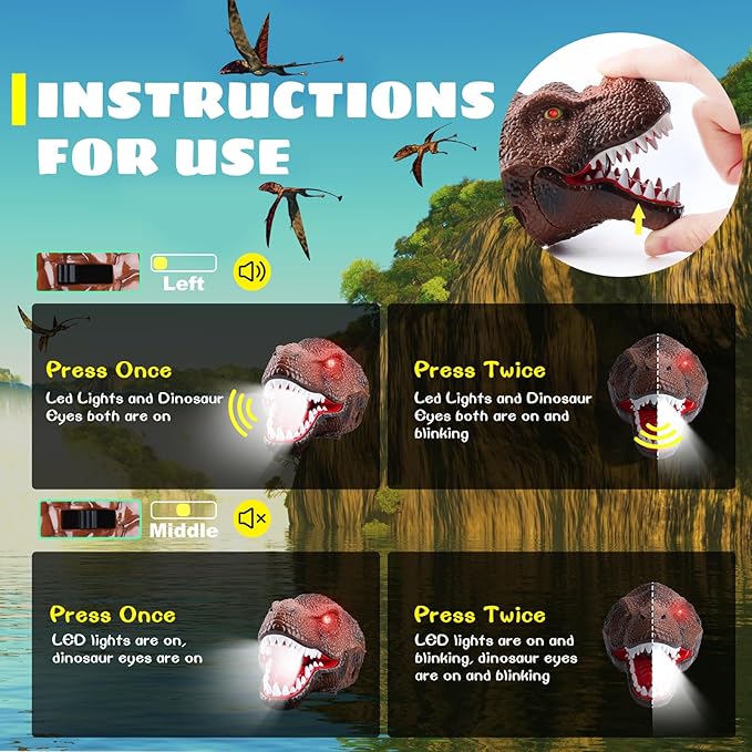 Dysaim Kids Headlamp, Dinosaur LED Rechargeable Headlamp for Kids Flashlight Outdoor Camping Essentials Gear, Dinosaur Toys Headlight for Boys Girls/Adults, Ideal Gift Toys for Birthday Rave Party