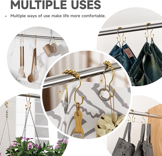 Bathway Shower Curtain Hooks, Shower Curtain Rings Rust Proof Double Hook Shower Curtain Hooks, 12 Pcs Dark Gold Shower Hooks for Shower Curtain, Shower Rings for Curtain, Metal Shower Rod Hooks