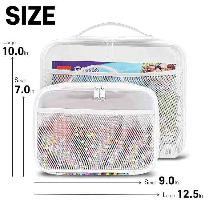 holay 4 Packs PVC Toy Storage Organizer with Zipper, Name Tag & Manual Pocket, Clear Durable Case for Blocks, Clay, Board Games, Travel (White, Small)