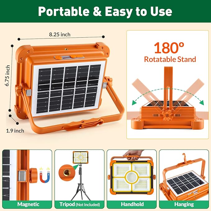 Solar Rechargeable Work Light, 474 LED 12000LM Portable Flood Lights, 12000mAh LED Work Light with 5 Modes, Waterproof Outdoor Job Lighting for Emergency Camping Repair, Solar & Type-C Charging