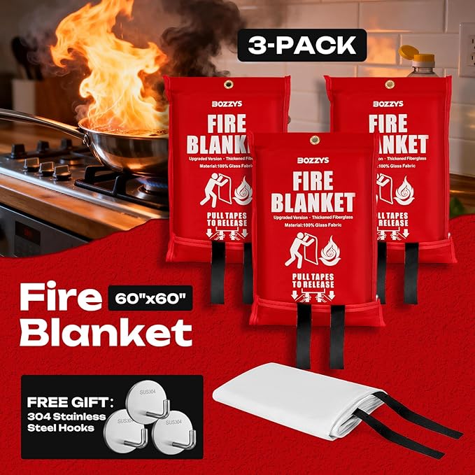 Fire Blanket 3-Pack | Fiberglass Prepared Fire Suppression | 60"x60" Fire Blankets Emergency for Home and Kitchen