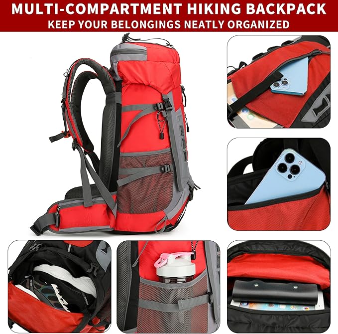 75L Hiking Backpack with Rain Cover Waterproof Camping Backpack Shoes Warehouse for Men Women, Frameless