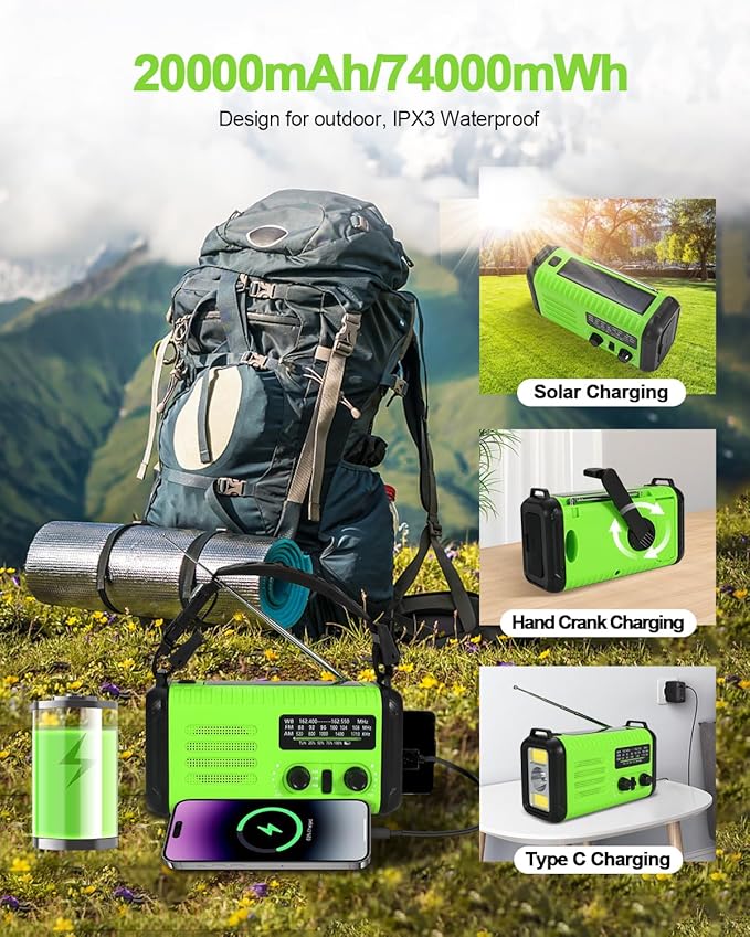 Emergency Crank Radio, 20000mAh / 74000mWh Solar Hand Crank Weather Radio with NOAA/AM/FM, Battery Powered Radio with Cell Phone Charger, Flashlight & SOS for Emergencies/Home (Light Green)