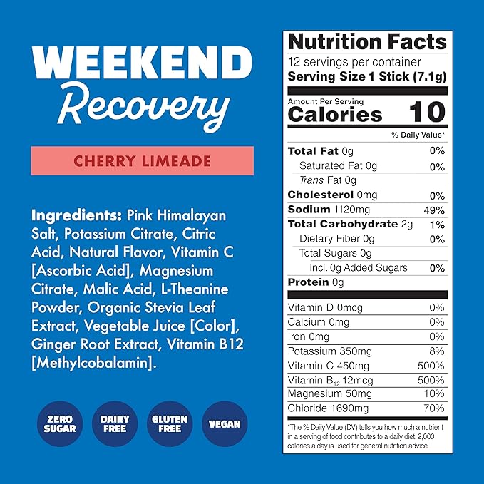 Waterboy Weekend Recovery | 3,200mg Electrolyte Powder Packets | Ginger + L-Theanine + Vitamins | No Sugar, All Natural, Gluten Free | Cherry Limeade