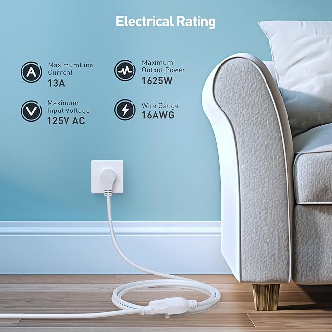 [ETL Listed] Cable Matters 2-Pack 16 AWG 360° Rotating Flat Plug Extension Cord - 6ft, 13A/1625W, Low Profile 3 Prong Power Extension Cords, NEMA 5-15P to NEMA 5-15R, White