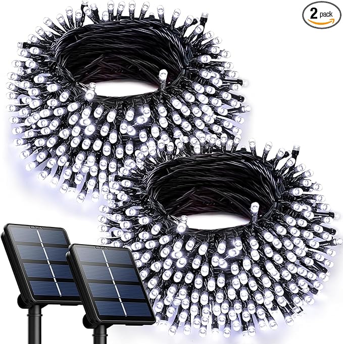 OZS 2PK 240LED Solar Sring Lights Outdoor Waterproof, Solar Christmas Lights for Outside, Green Wire Tree Electric Holiday Light with 8 Lighting Modes for Christmas Decorations(Cool White)