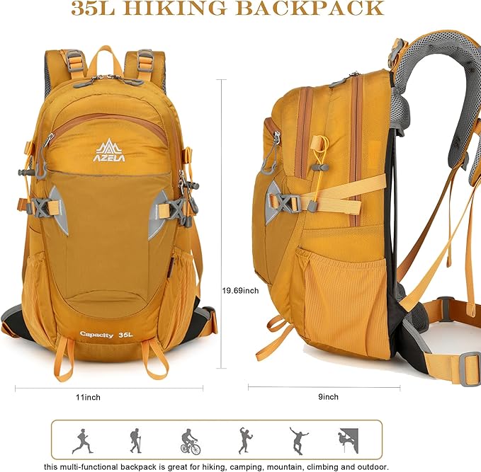 35L Hiking Backpack Detachable Frame Backpack with Rain Cover Waterptoof Travel Backpack for Women Men Daypack for Camping (Black)