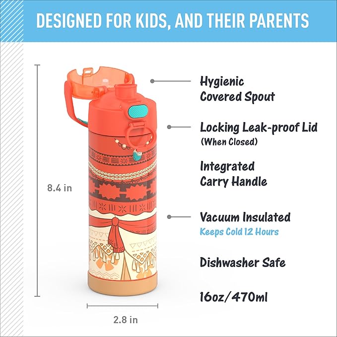 THERMOS FUNTAINER 16 Ounce Stainless Steel Vacuum Insulated Bottle with Wide Spout Lid, Princess Moana