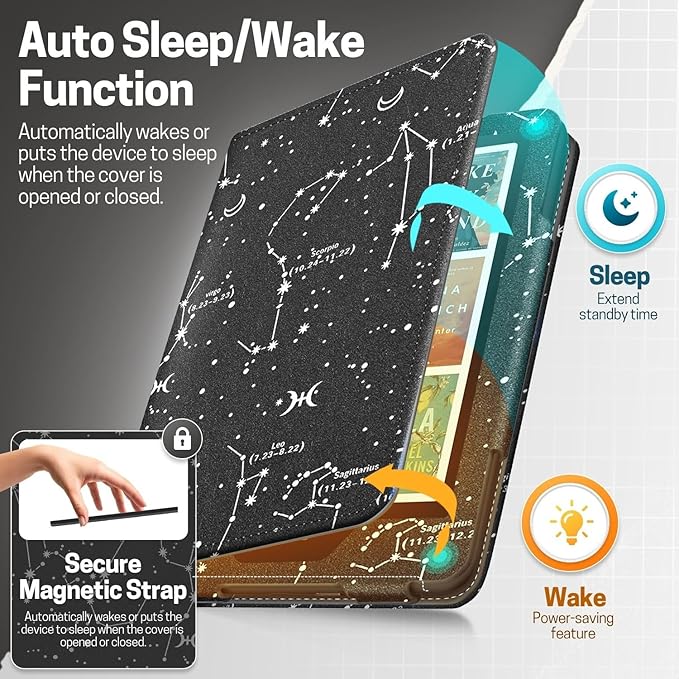 TNP Stand Case for Kindle Paperwhite 12th Generation 2024 / Kindle Colorsoft Signature Edition with Hand Strap & Card Slot - 7" PU Leather Protective Folio Cover with Auto Wake/Sleep, Constellation