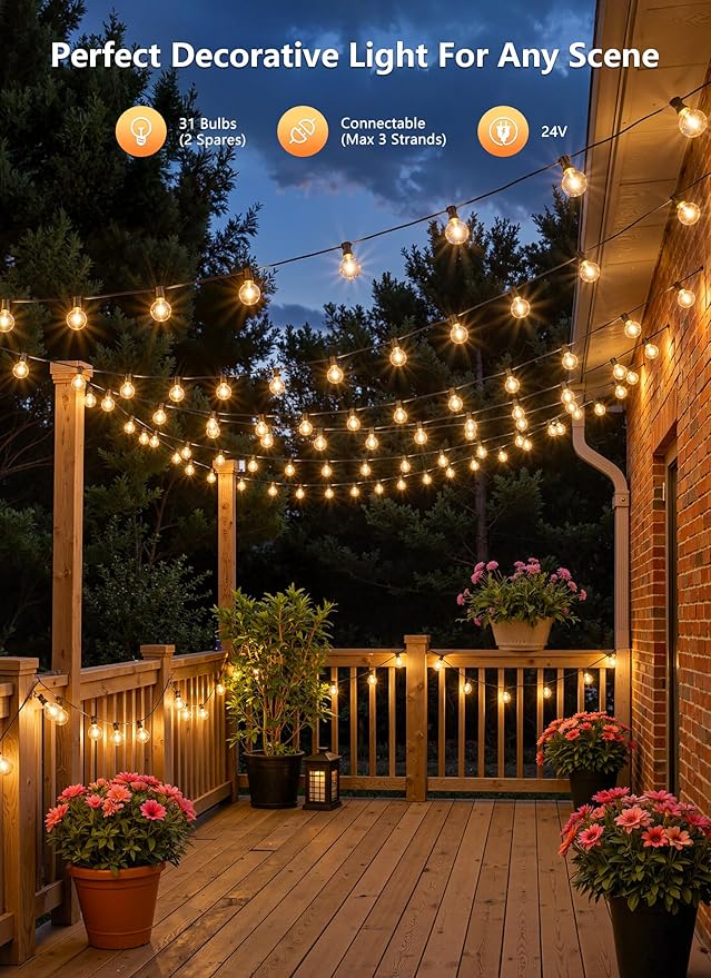 Outdoor String Lights with Remote, 100Ft Outside Waterproof Light with Dimmable G40 LED Bulbs, Shatterproof Connectable Hanging Patio Lights for Porch, Backyard, Bistro, Deck, Balcony, Home Decor