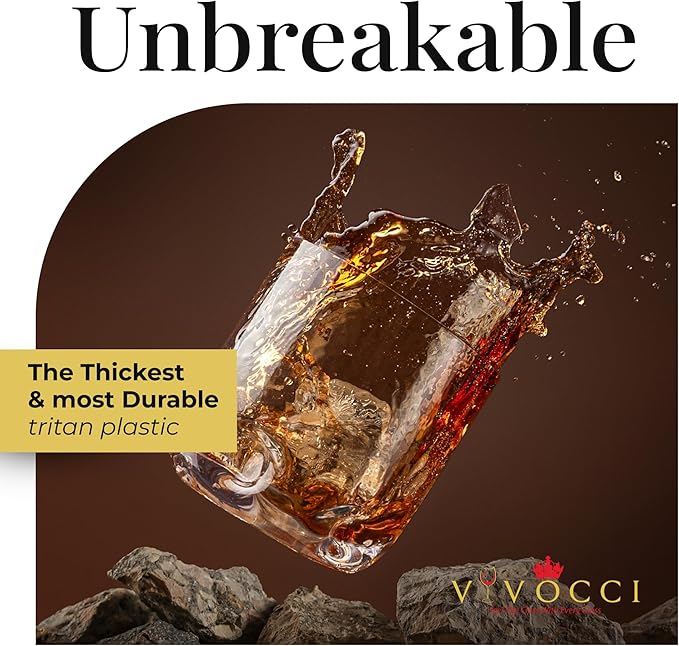 Vivocci Unbreakable Tritan Plastic 12.5 oz Whiskey & Double Old Fashioned Bar Glasses - Thumb Indent Heavy Base - Ideal for Bourbon & Scotch - Upscale Men's Gift - Dishwasher Safe Barware - Set of 6