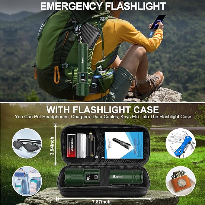 Rechargeable Tactical Flashlights 2000 High Lumens - 5000mAh Super Bright LED Powerful Flash Light, Waterproof Handheld USB C Flashlight for Home,Car,Camping,Emergencies,5 Modes,Zoomable (1, Green)