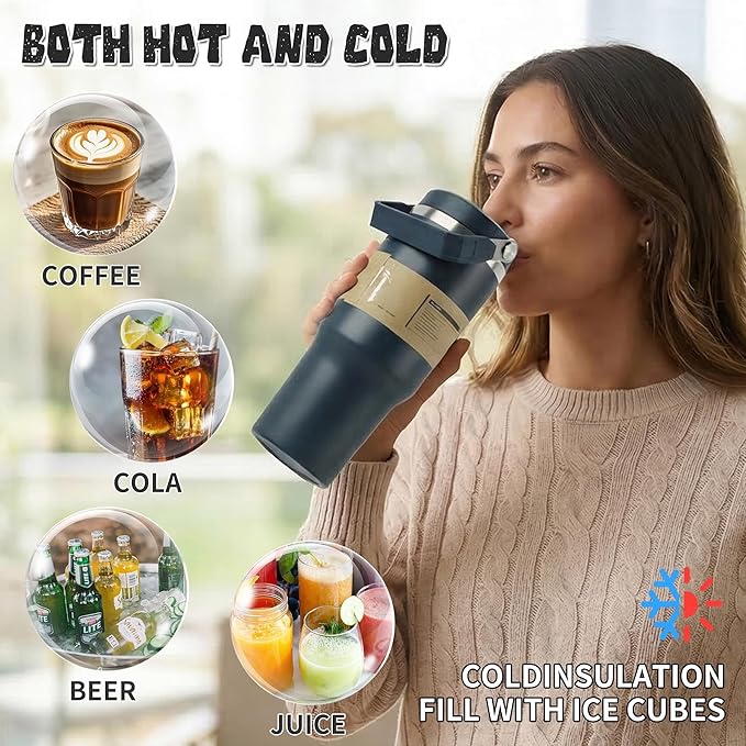 30oz Flip Straw Insulated Water Bottle with Handle, Leak Proof Stainless Steel Tumbler, Double Wall Vacuum Travel Coffee Mug for Cold Drinks, Gym Office Travel Essentials