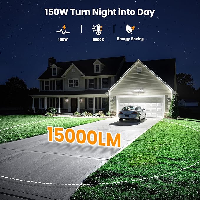 Onforu 150W LED Flood Lights Outdoor, 15000LM Brightness Security Light Switch Controlled, 6500K Outside Floodlight with 5 Adjustable Heads, Waterproof Exterior Light for Yard Garage Patio