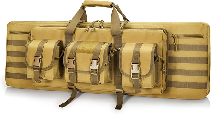 DULCE DOM 36 42 48 Inch Double Rifle Case, Tactical Soft Padded Backpack for Hunting & Shooting Range, Heavy-Duty Storage Gun Bag for 2 Rifles & Pistols with Lockable Zippers & MOLLE System