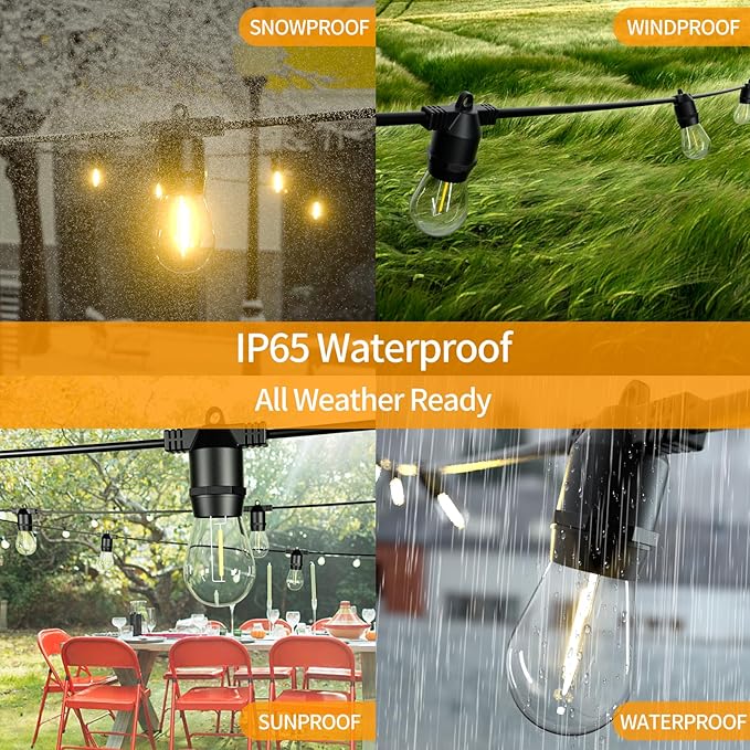 48FT LED Outdoor String Lights, S14 IP65 Waterproof Patio Lights Outside Light, Edison Shatterproof Bulbs with Remote Control Vintage Backyard Light, Garden, Deck Lighting