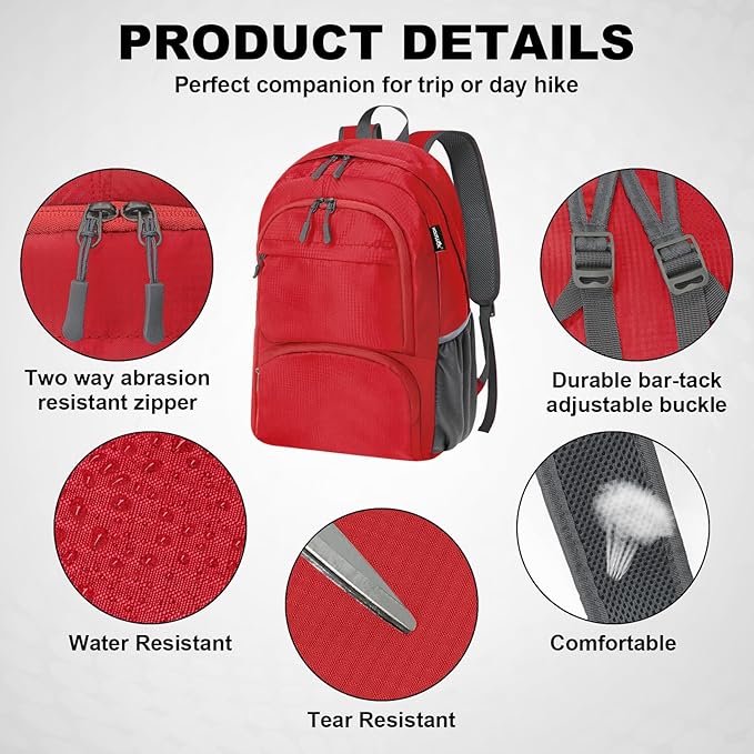 HOLYLUCK 20L Lightweight Packable Hiking Daypack Foldable Backpack for Men Women Small Travel Outdoor Foldable Shoulder Bag-red
