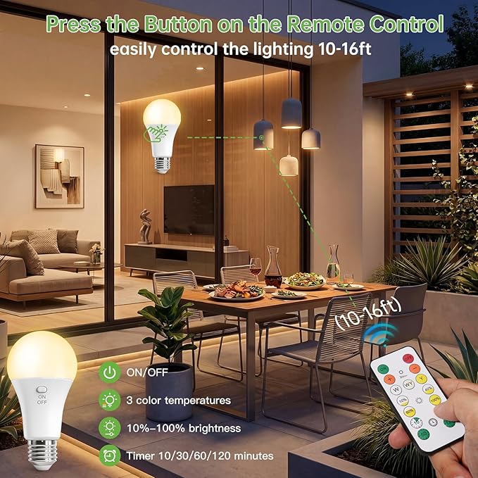 Kimjo Rechargeable Light Bulbs with Remote, Keep Lighting During Power Outage, 2600mAh Emergency Battery Operated Light Bulb with 3 Colors, Dimmable for Home, Camping, Tent (E26, with Hook),1 Pack
