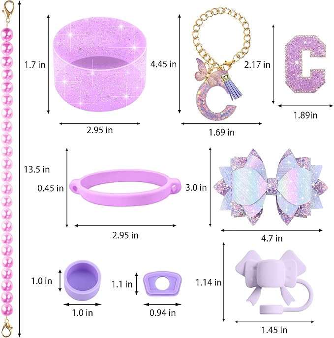 9PCS Purple for Stanley Cup Accessories Set Bling Initials Bow Charms for Stanley Decorations 30/40 Oz Tumbler Accessories Including Bow Straw Topper, Handle Strap, Spill Stopper（Letter C）