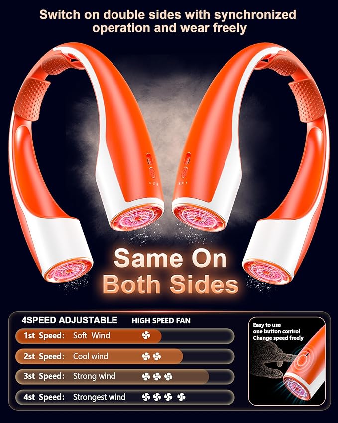 Rohent Personal Neck Fan for Outdoor: Powerful High Speed Personal Fan 360° Cooling - 4000mAh Battery Operated Rechargeable Neck Fan for Travel Camping - Orange