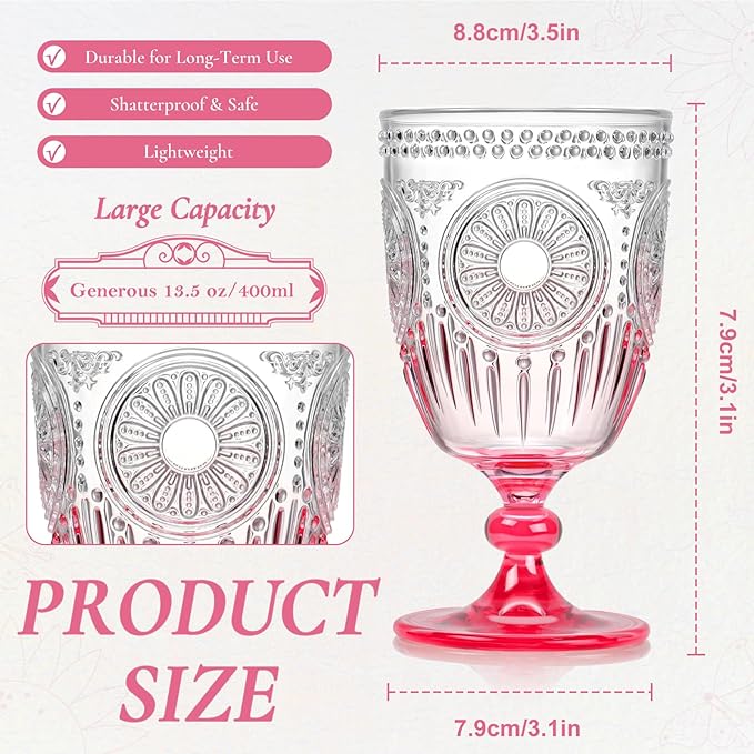 XUWAIDSGN 24Pcs Plastic Vintage Wine Glasses 13.5oz Reusable Embossed Goblet Glasses Pink Gradient Retro Wine Glassware Unbreakable Stemmed Champagne Water Cups for Wine Cocktail Juice Wedding