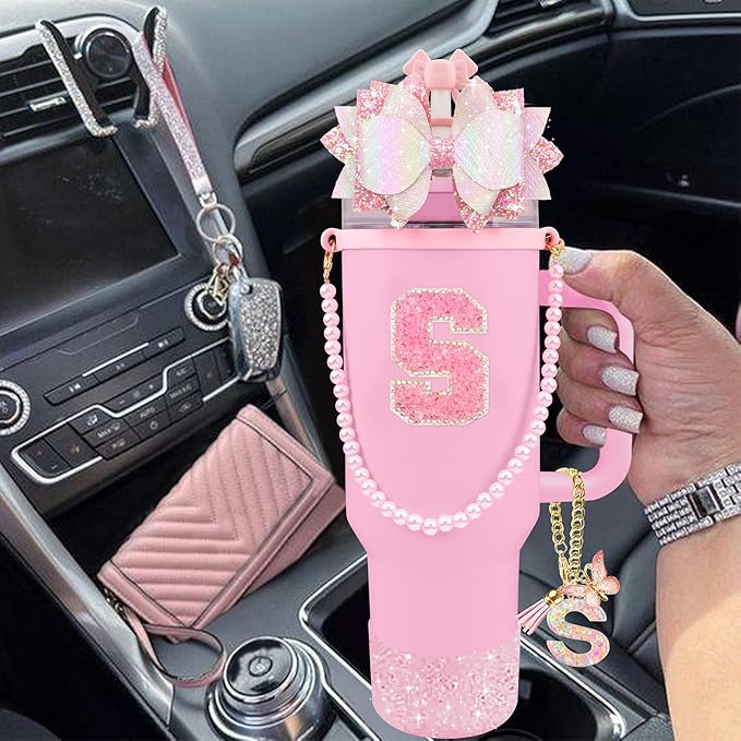 9PCS Pink for Stanley Cup Accessories Set 30/40 Oz Bling Initials Bow Charms for Stanley Decorations Tumbler Accessories Including Bow Straw Topper, Pearl Handle Strap,Spill Stopper（Letter S）