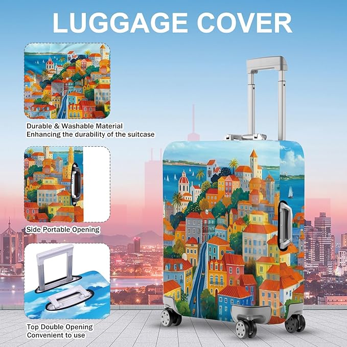 ANNA QUEEN Mediterranean Town Luggage Cover, Coastal City Suitcase Protector, Stretchable Washable Travel Cover for 24-26 Inch Luggage
