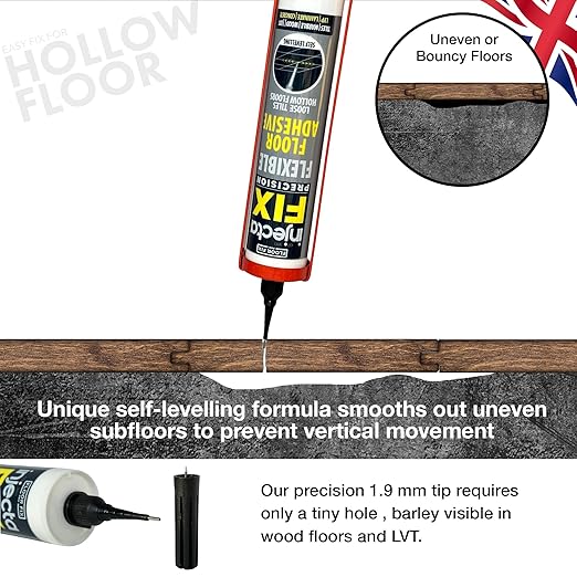 Floor-Fix Pro The Original Adhesive - Extra Strength - Fix Loose & Hollow Tiles, Repair Squeaky Wood Floor - All in One 5/64” Patented Stainless Steel Injection Tip + Anti Clog Cap (12)