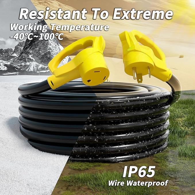 PlugSaf 15 FT 30 Amp RV Extension Cord Outdoor with Grip Handle, Flexible Heavy Duty 10/3 Gauge STW RV Power Cord Waterproof with Cable Organizer, NEMA TT-30P to TT-30R, Black-Yellow, ETL Listed