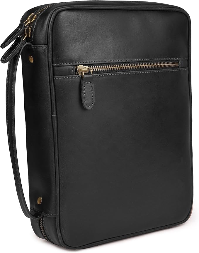LEATHER VILLAGE Handmade Vintage Leather Bible Cover for Men & Women - Large Protective Bible Case & Organizer for Church, Travel & Study Christian Religious Antique Bookmark - Black