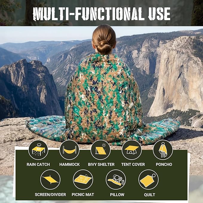 Lenotos Woobie Blanket, Thermal Insulated Military Poncho Liner, Water-Resistant, Portable, Insulation, for Hiking, Survival with Compression Carry Bag (Marpat)