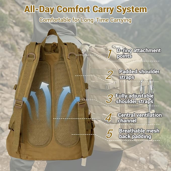 kokkoya Lightweight Tactical Backpacks with Laptop Compartment for Men 40L EDC MOLLE Military Style 17 in Computer with Cup Holder Travel Hiking Daypack (Khaki)
