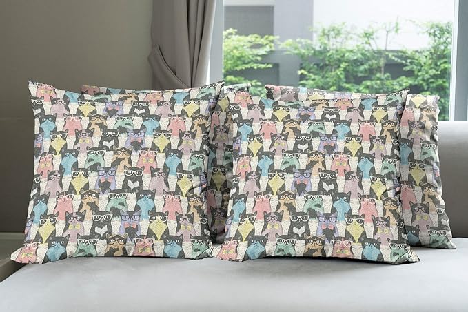 Ambesonne Funny Cartoon Throw Pillow Cushion Case Pack of 4, Theme of Playful Hipster Cats with Glasses Colorful Dotted Designed Print, Modern Accent Double-Sided Digital Printing, 16", Charcoal Grey