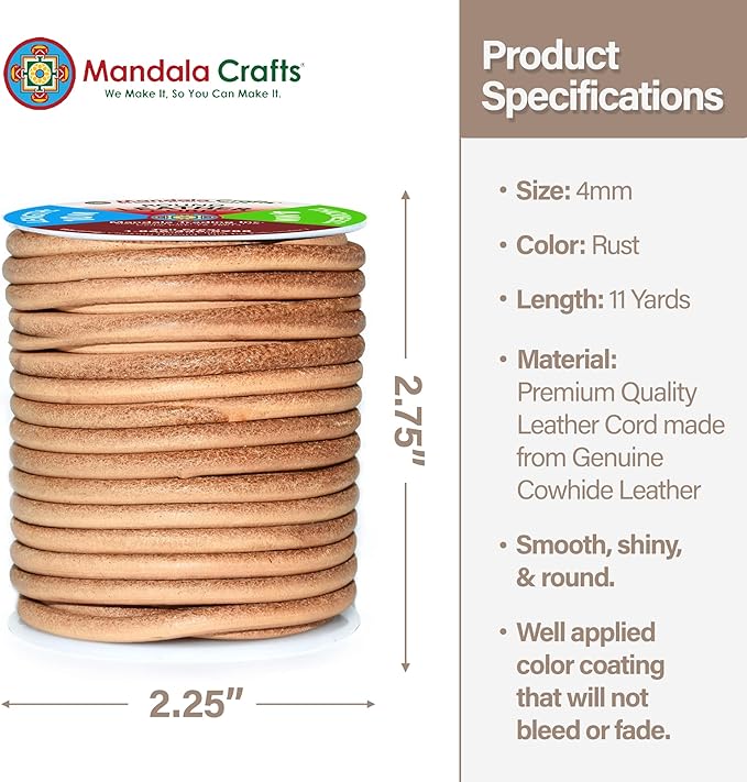 Mandala Crafts Round Cowhide Genuine Rust Leather Cord for Jewelry Making Kumihimo Leather Rope Spool - Rust 11 Yds 4mm Cording