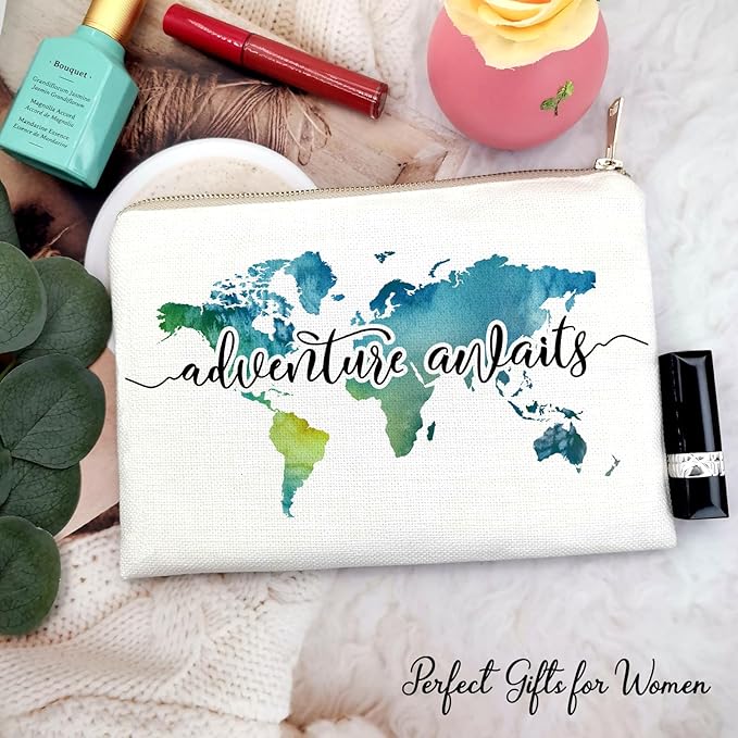 Travel Bag Adventure Awaits Makeup Case Cosmetic Bag Nature Linen World Map Makeup Bag Great Gift for Travel