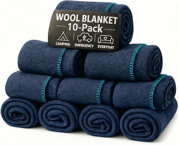 Wool Camping Blanket 10-Pack - 70% Wool Heavy-Duty Military Style Throw, Warm & Washable, Fire Retardant Cover for Emergency, Survival & Outdoor Use - For Camping, Car, Home & Hiking, Navy 62x84