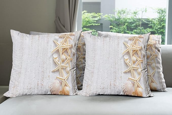 Ambesonne Seashells Throw Pillow Cushion Case Pack of 4, Starfish Marine in Vertical Direction Wood Surface Ocean Beach Nautical Print, Modern Accent Double-Sided Digital Printing, 24", Ivory Cream
