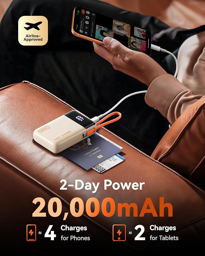 INIU 20000mAh Power Bank, Small Portable Charger, 45W PD Fast Charging Battery Pack with Build in USB-C Cable, Travel Phone Charger for iPhone 17 16 15 14 Air Samsung S25 S24 Google iPad Xiaomi, Beige