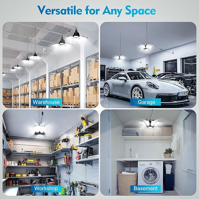 TANBABY 2 Pack LED Garage Lights, 250W Deformable Garage Light, Total 50000LM 6500K Daylight, 8+1 Adjustable Panels, Plug-in Cord Ceiling Light for Basement