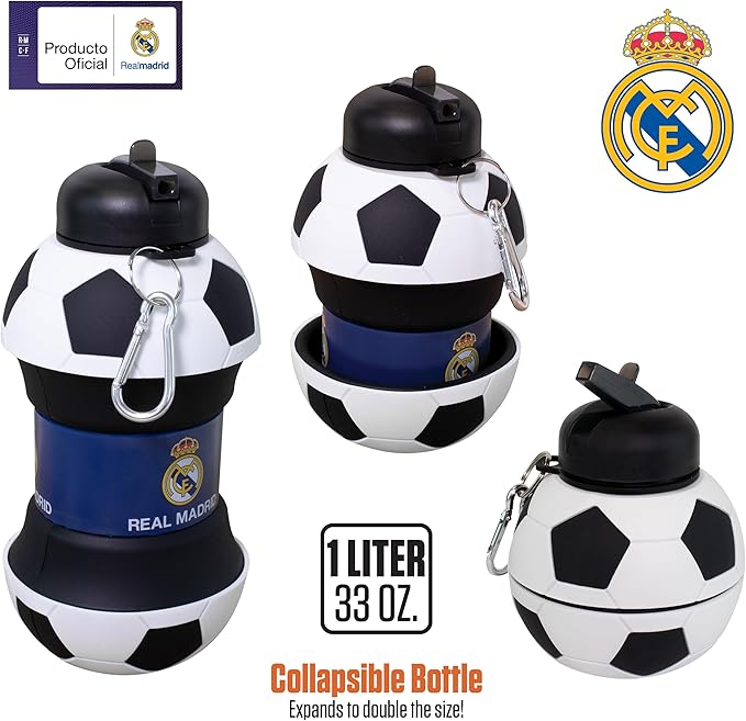 Maccabi ART Real Madrid Clip-On Collapsible 1 Liter, 34 oz. size BPA-Free Silicone Soccer Large Water Bottle