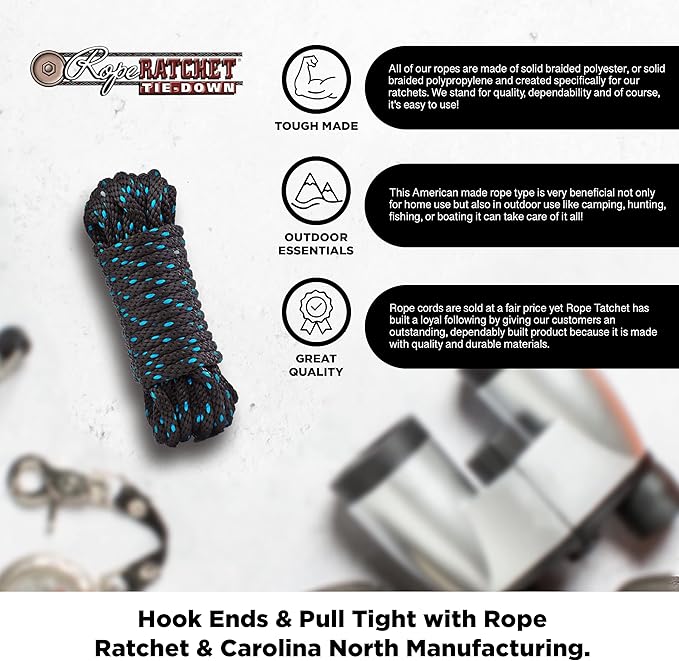 Rope Ratchet 3/8" Heavy Duty Polypropylene Rope – Braided Tie Down, Ratchet Cord for Outdoor, Gardening, DIY, Securing Loads, Tarp Use, Deer Hanging, Moving, Cargo, Knot Tying – 50 ft, Black/Blue