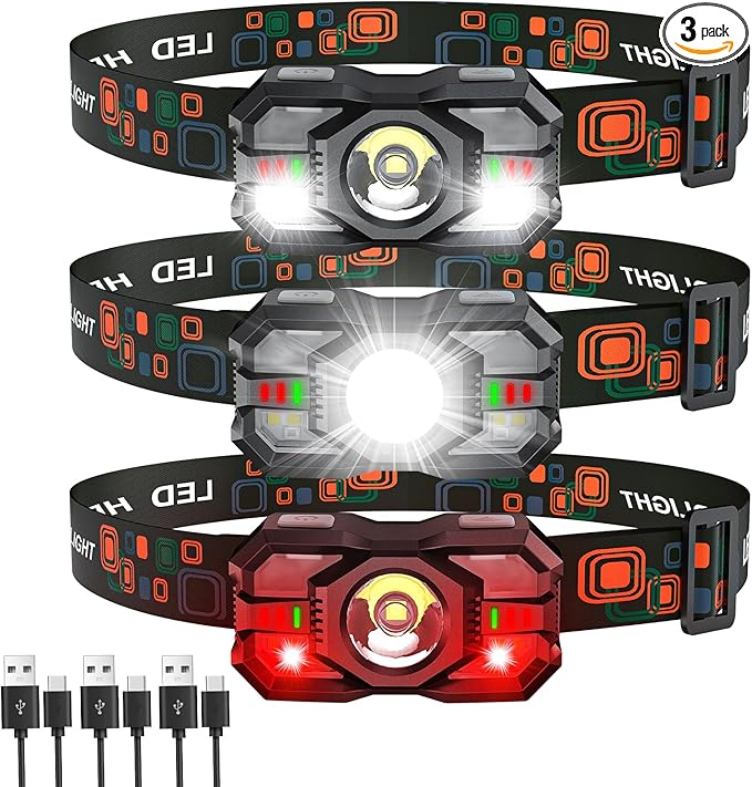 Rechargeable Headlamp Flashlight 3-Pack, 2000 Lumen Super Bright LED Headlight with Red Light, Headlamps for Adults Kid, Waterproof Lightweight Head Lamp for Outdoor Camping Running Hiking Fishing