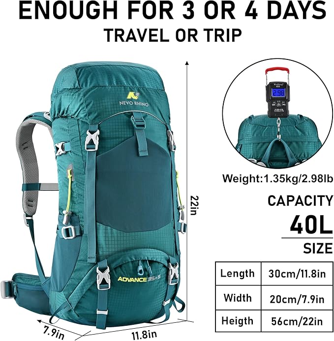 N NEVO RHINO 40L Internal Frame Hiking Backpack for Men Women with Rain Cover, Lightweight Outdoor Backpacking Backpack for Camping, Hiking, Traveling