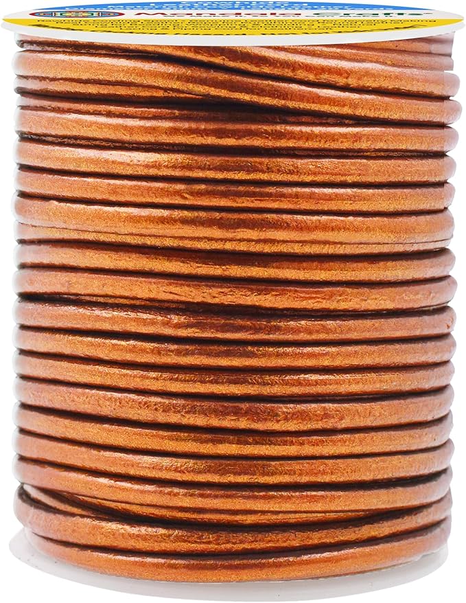 Mandala Crafts Round Genuine Copper Leather Cord for Jewelry Making – 3mm Cowhide Leather Rope String Lace for Kumihimo – 20 Yards Cowhide Craft Cording Spool