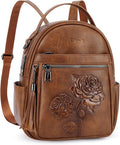 Mini Backpack Purse for Women,Embossed Leather Small Backpack Fashion Travel Backpacks Daypacks Shoulder Handbag (BROWN-Flower)